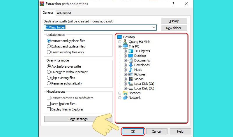 Nhấp OK sau khi đã chọn thư mục giải nén
