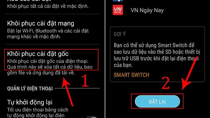 Chọn Kh&ocirc;i phục c&agrave;i đặt gốc tr&ecirc;n Samsung