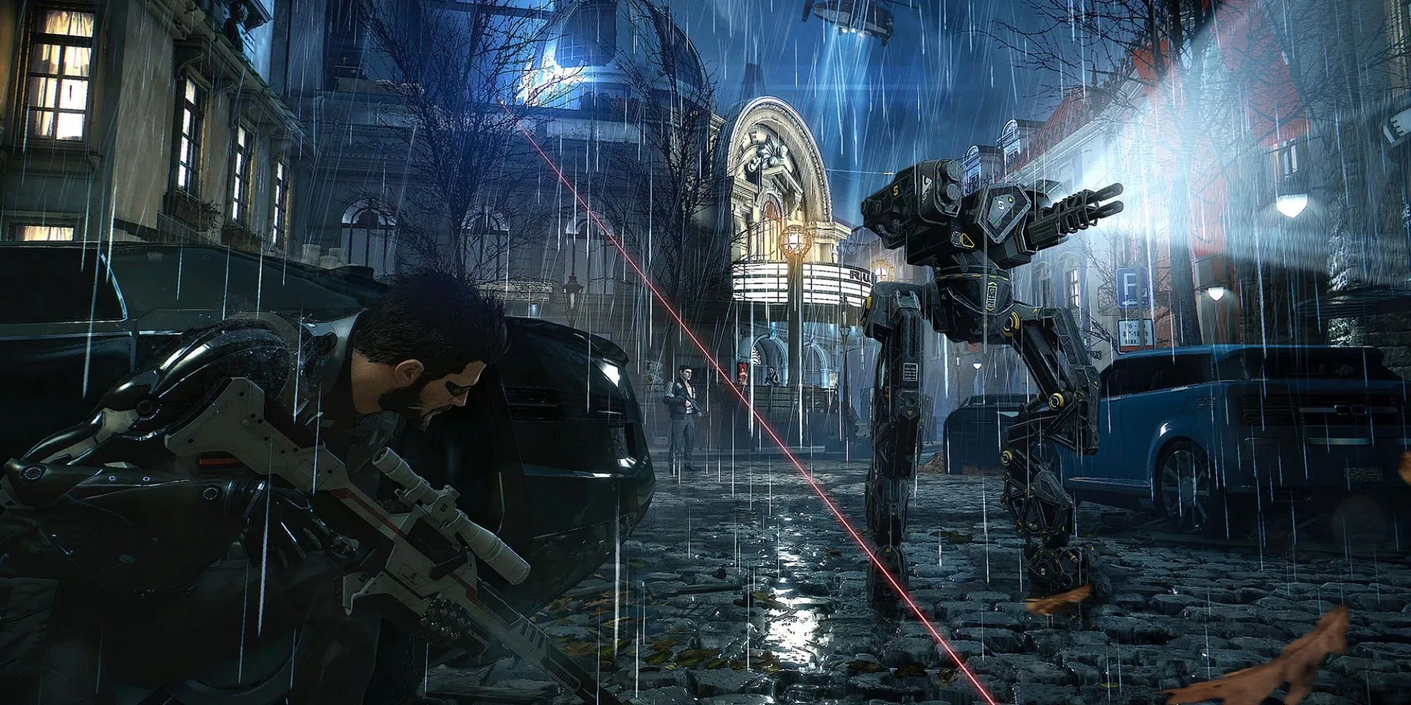 Adam Jensen ẩn nấp khỏi robot địch trong Deus Ex Mankind Divided