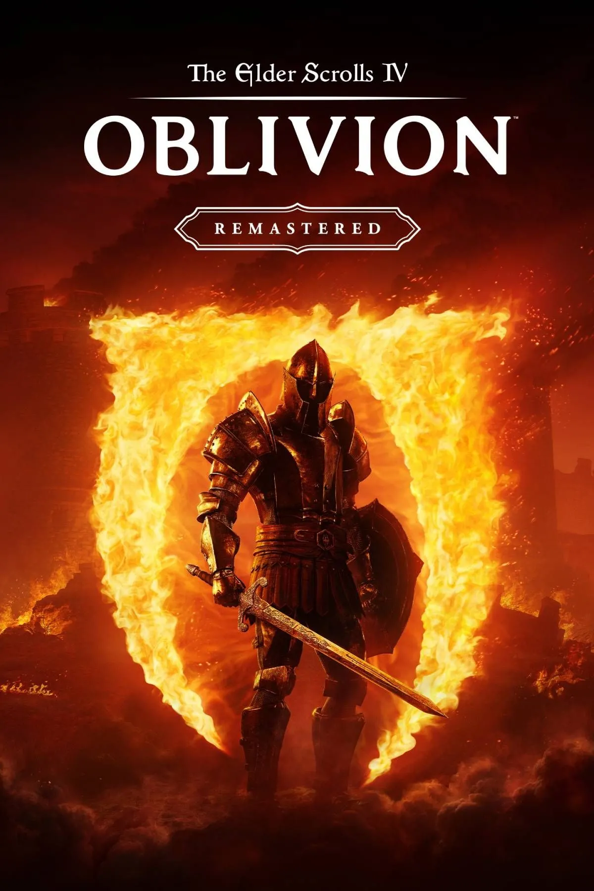 Ảnh bìa chính thức The Elder Scrolls IV: Oblivion Remastered với cổng Oblivion rực lửa đặc trưng