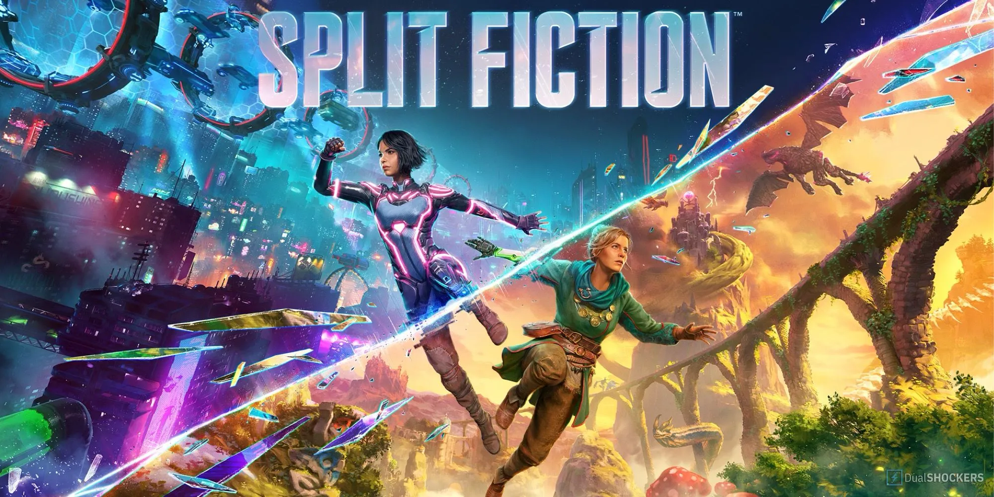 Ảnh bìa game Split Fiction thể hiện hai nhân vật chính Mio và Zoe trong một khung cảnh phiêu lưu kỳ ảo