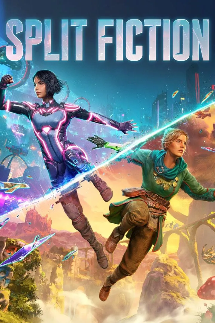 Ảnh bìa game Split Fiction với hai nhân vật chính đứng đối mặt nhau