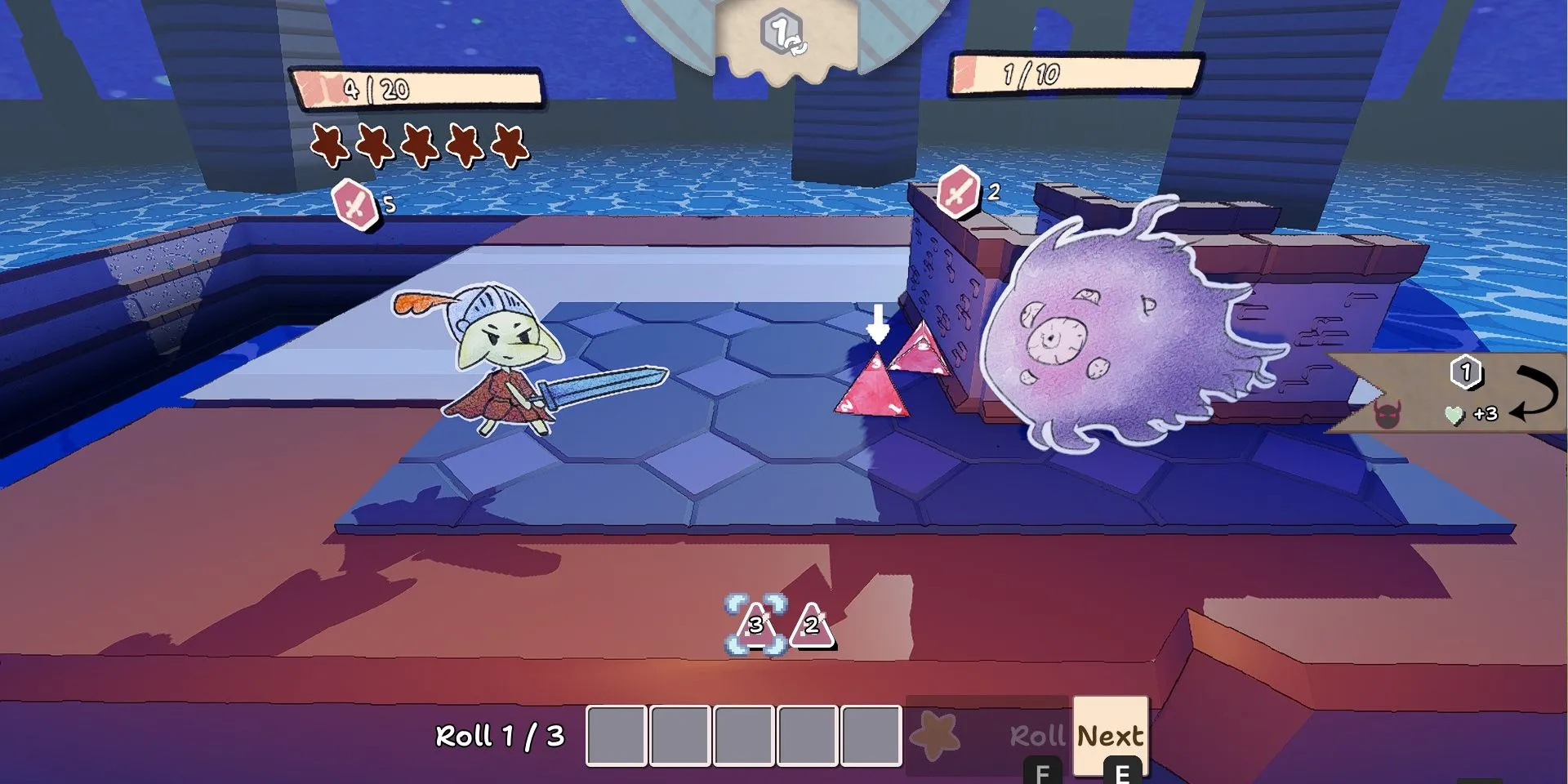 Ảnh chụp màn hình game demo Dice 'n Goblins, người chơi chiến đấu với một hồn ma lớn.