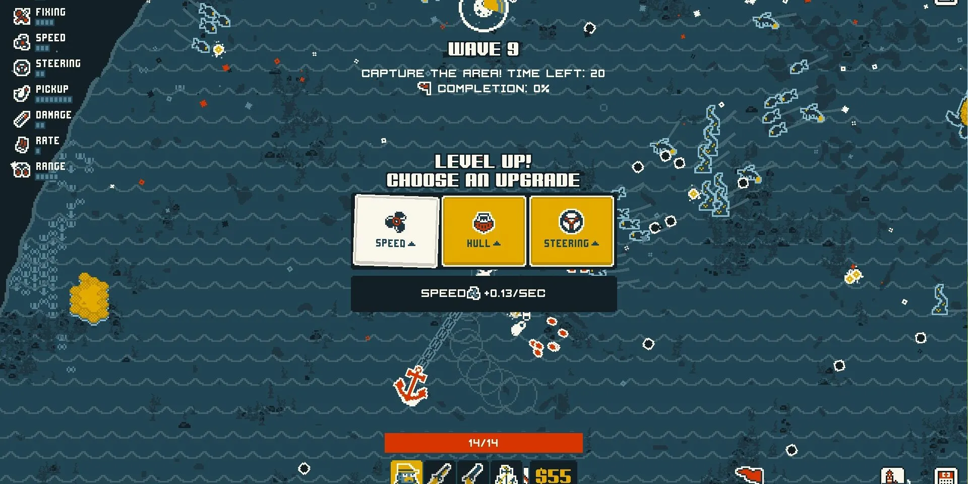 Ảnh chụp màn hình game demo Nautical Survival, người chơi nâng cấp chỉ số tàu.