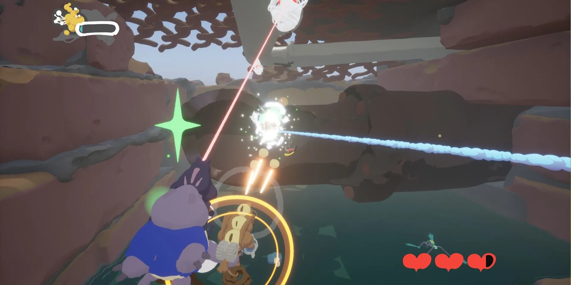 Ảnh chụp màn hình game demo Swing Swamp, người chơi đu tơ và bắn kẻ thù.