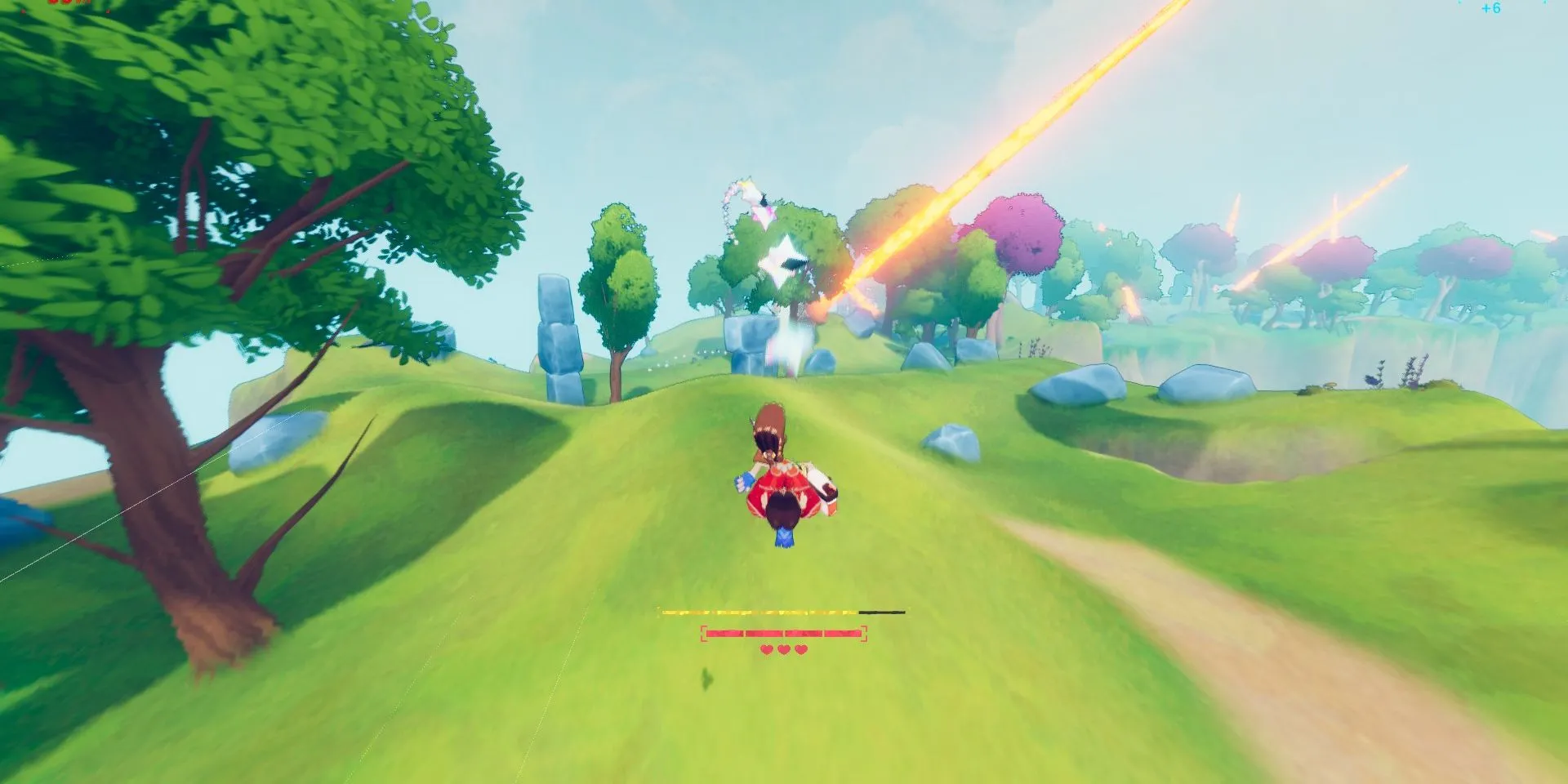 Ảnh chụp màn hình game Haste: Broken Worlds, người chơi lao xuống đồi với tốc độ cao.