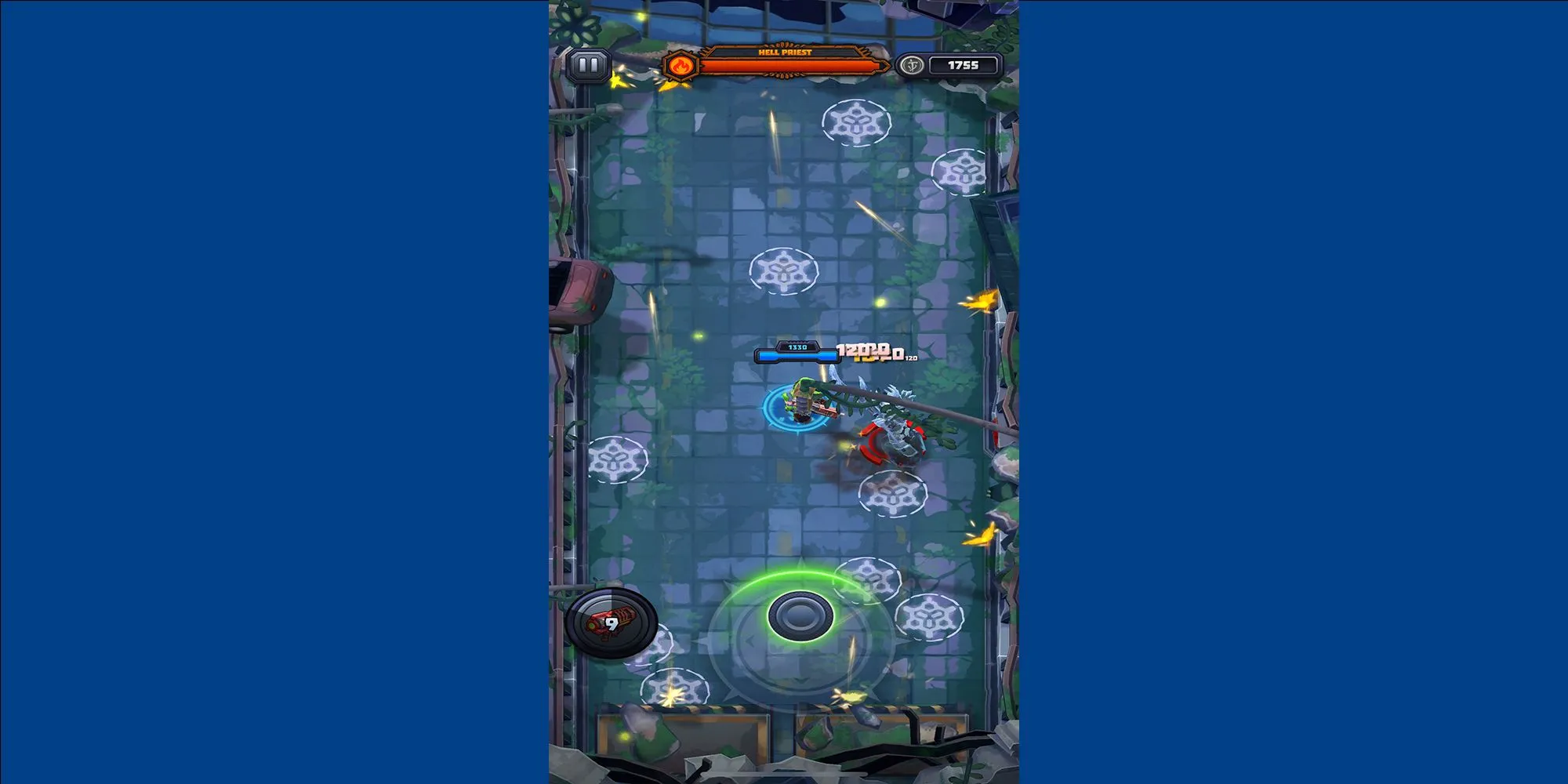 Ảnh chụp màn hình game mobile Mighty Doom với phong cách hoạt hình, hiển thị Mini Slayer chiến đấu với quỷ
