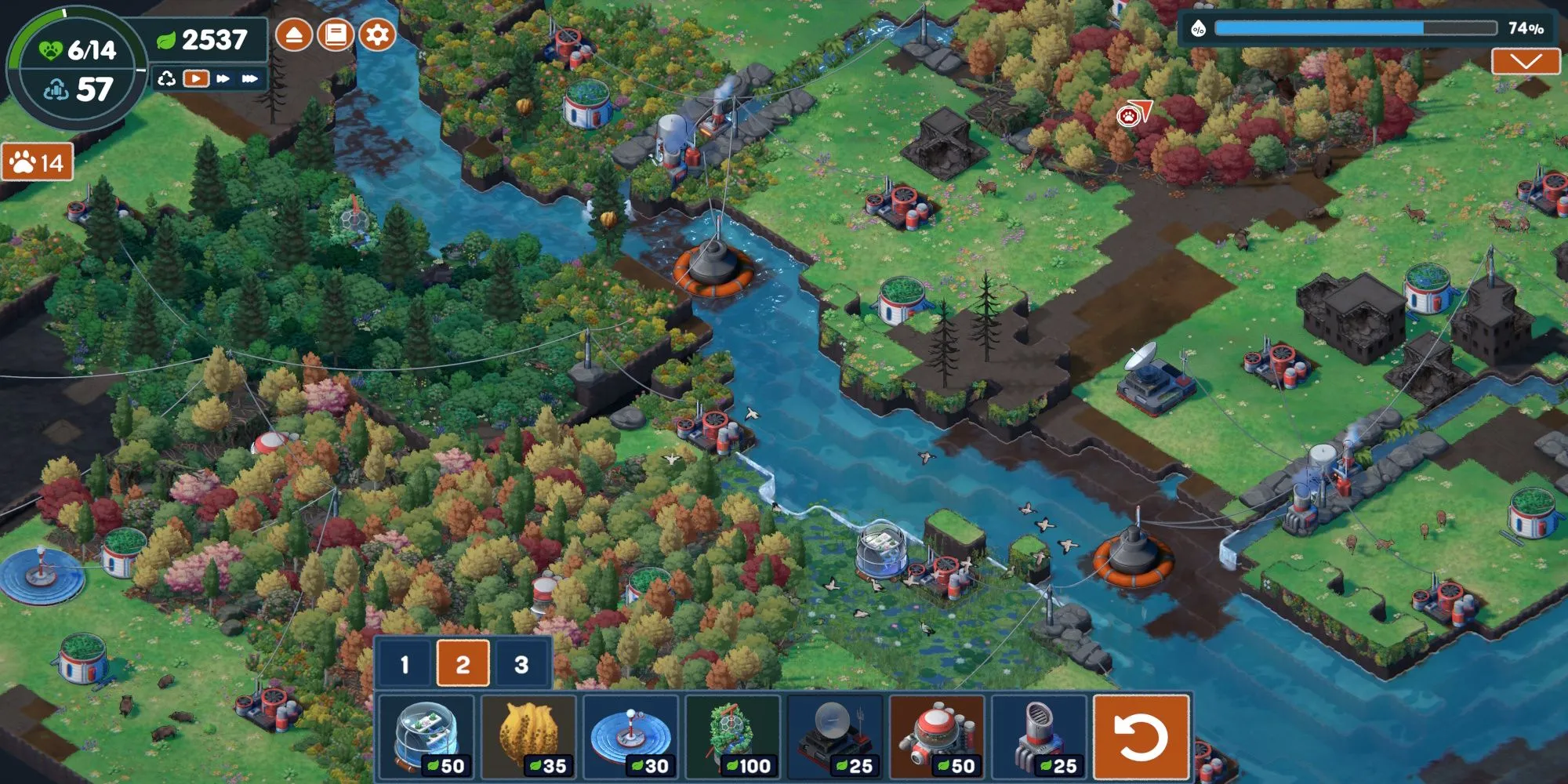Ảnh chụp màn hình gameplay của Terra Nil từ Steam cho thấy quá trình phục hồi hệ sinh thái