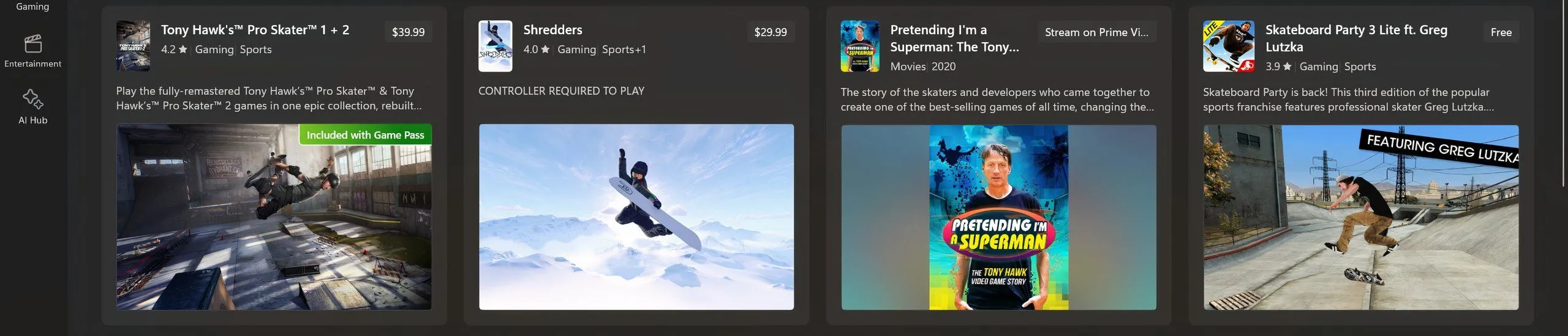 Ảnh chụp màn hình Microsoft Store hiển thị các game Call of Duty và Tony Hawk có huy hiệu 'Included in Game Pass'