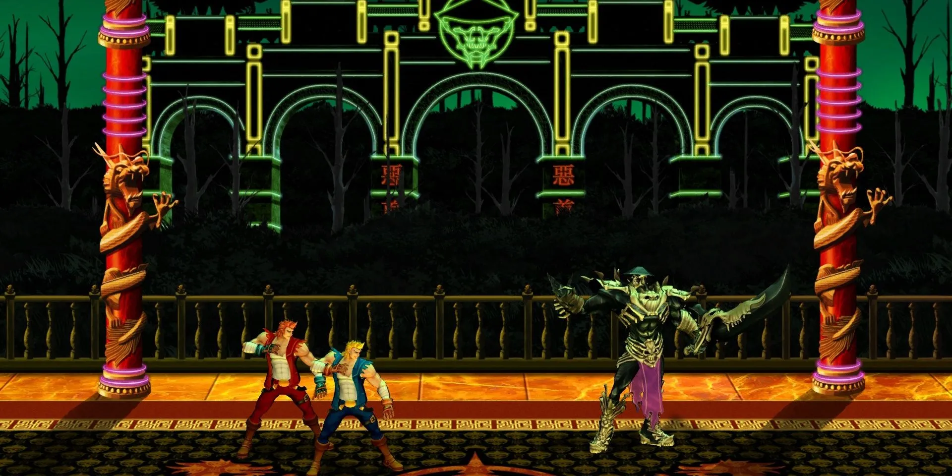Anh em Lee đại chiến trùm Skullmageddon trong game đối kháng Double Dragon Neon phong cách 80s