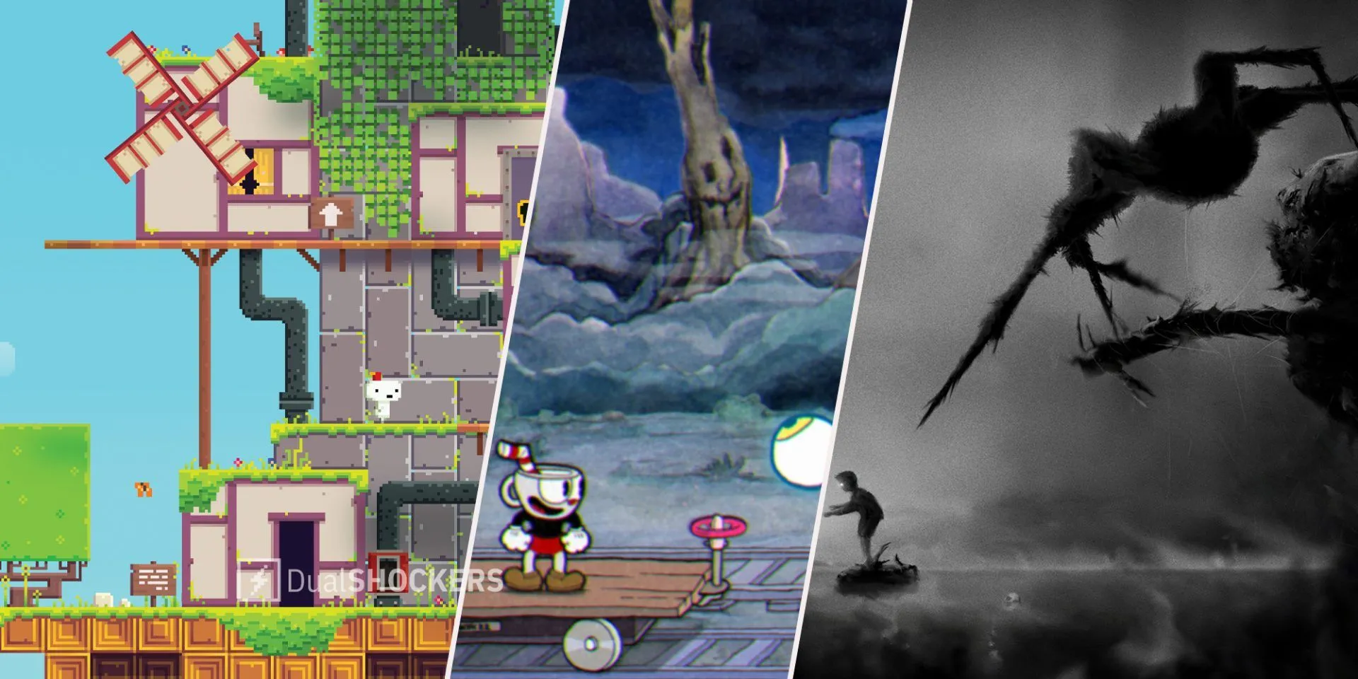 Ảnh minh họa một số game có phong cách nghệ thuật độc đáo: Fez, Cuphead và Limbo