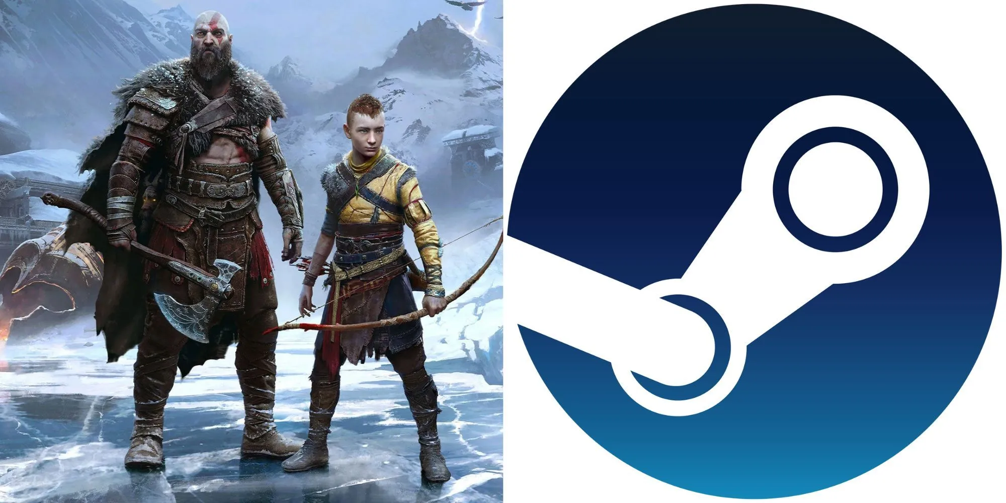 Ảnh quảng bá God of War Ragnarok và logo Steam minh họa việc yêu cầu tài khoản