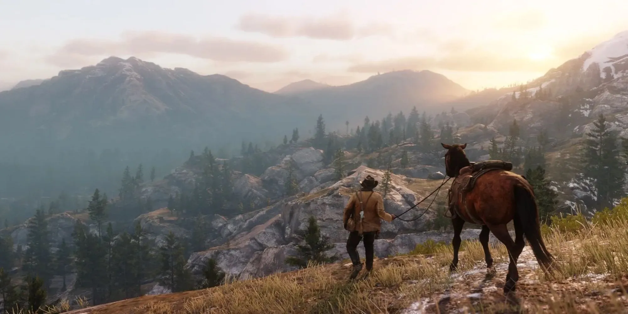 Arthur Morgan cưỡi ngựa trong khung cảnh miền Tây hoang dã của Red Dead Redemption 2