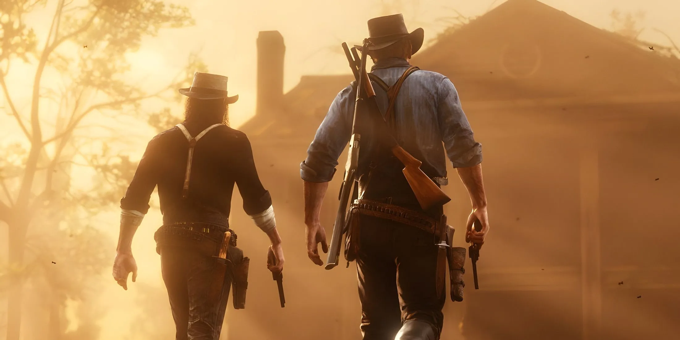 Arthur Morgan và John Marston trong một cảnh của Red Dead Redemption 2, thể hiện mối quan hệ nhân vật