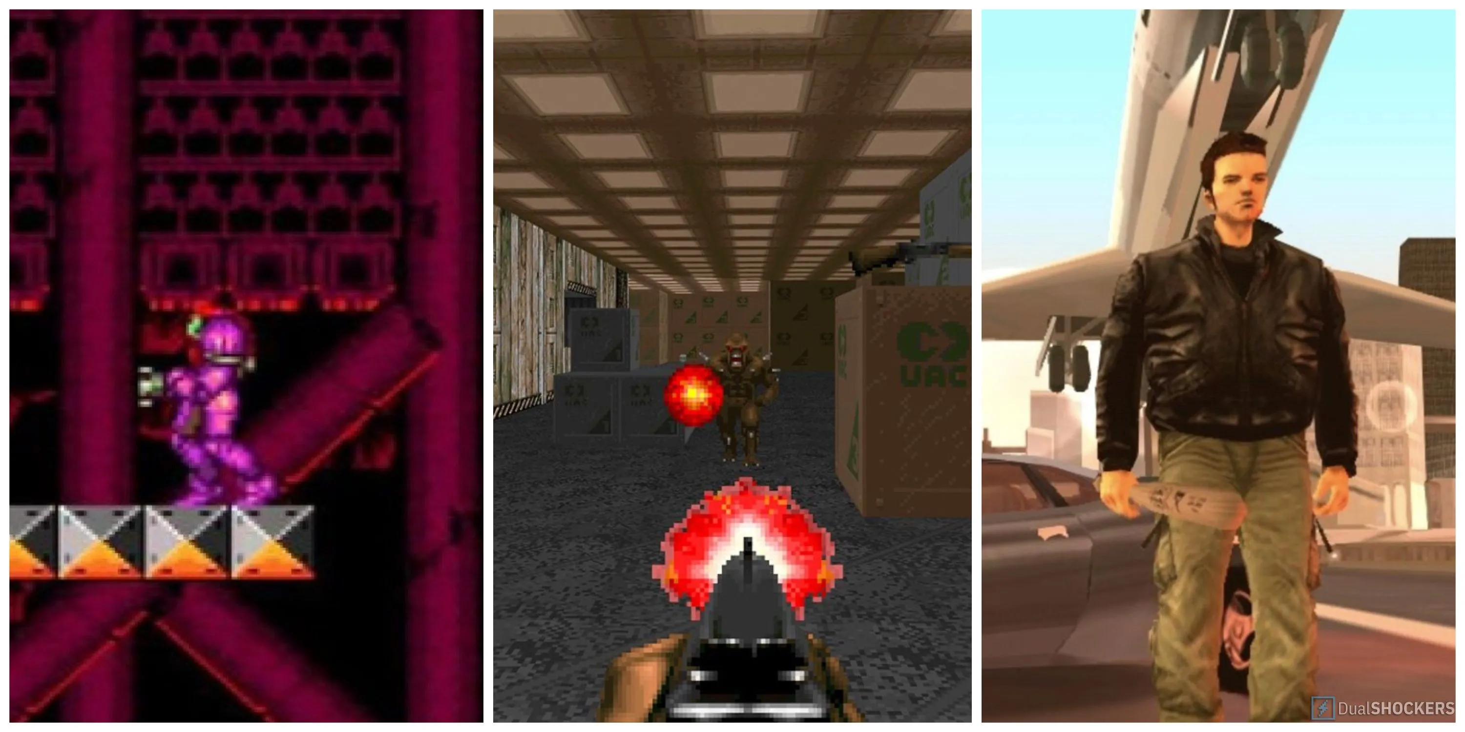 Ba bìa game kinh điển gồm Super Metroid, Doom (1993) và Grand Theft Auto 3
