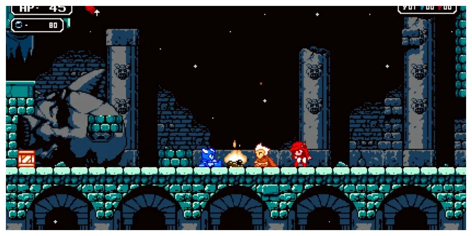 Ba nhân vật chính của Astalon: Tears of the Earth đứng cùng nhau trong tòa tháp pixel art cổ điển