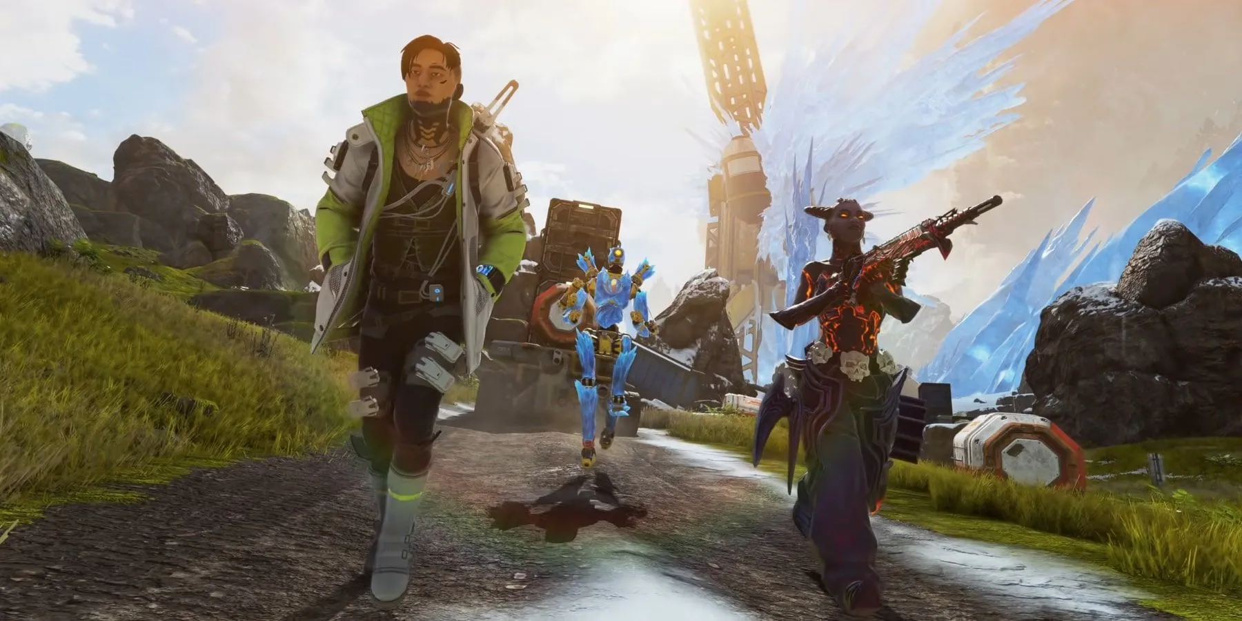 Ba nhân vật Crypto, Pathfinder và Lifeline trong Apex Legends đang chạy trên một con đường tại bản đồ World's Edge