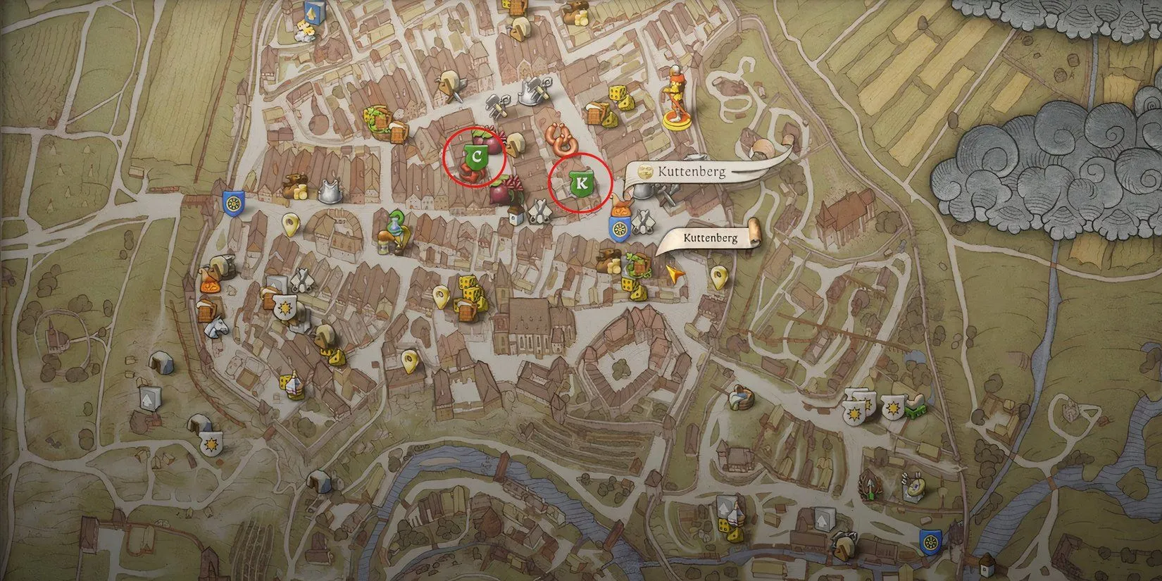 Bản đồ Kuttenberg hiển thị các địa điểm quan trọng trong nhiệm vụ Post Scriptum của Kingdom Come Deliverance 2, đánh dấu ngã rẽ đầu tiên.