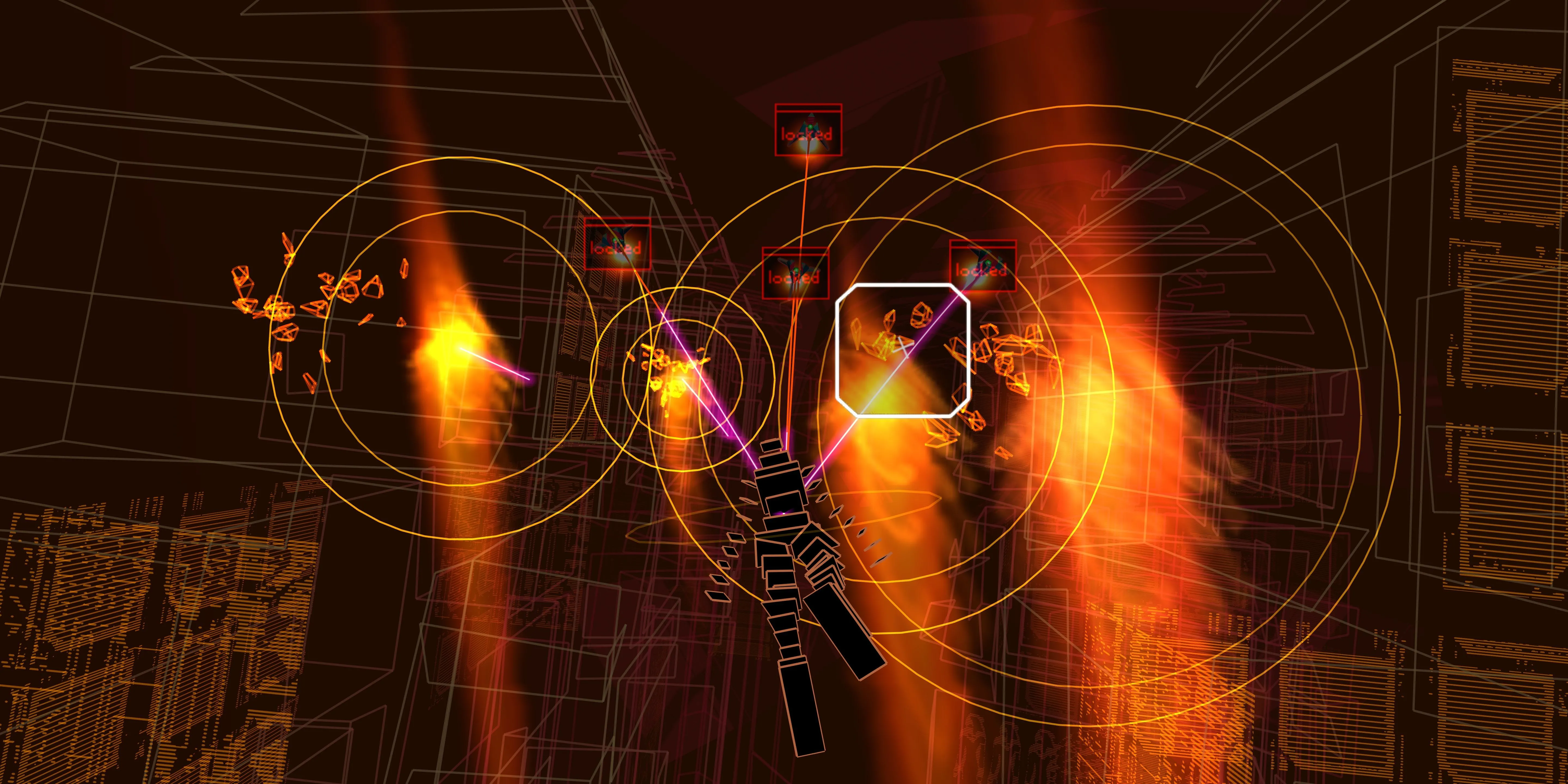 Bắn hạ kẻ thù trong Rez Infinite, nơi mỗi phát bắn đồng bộ với nhịp điệu techno