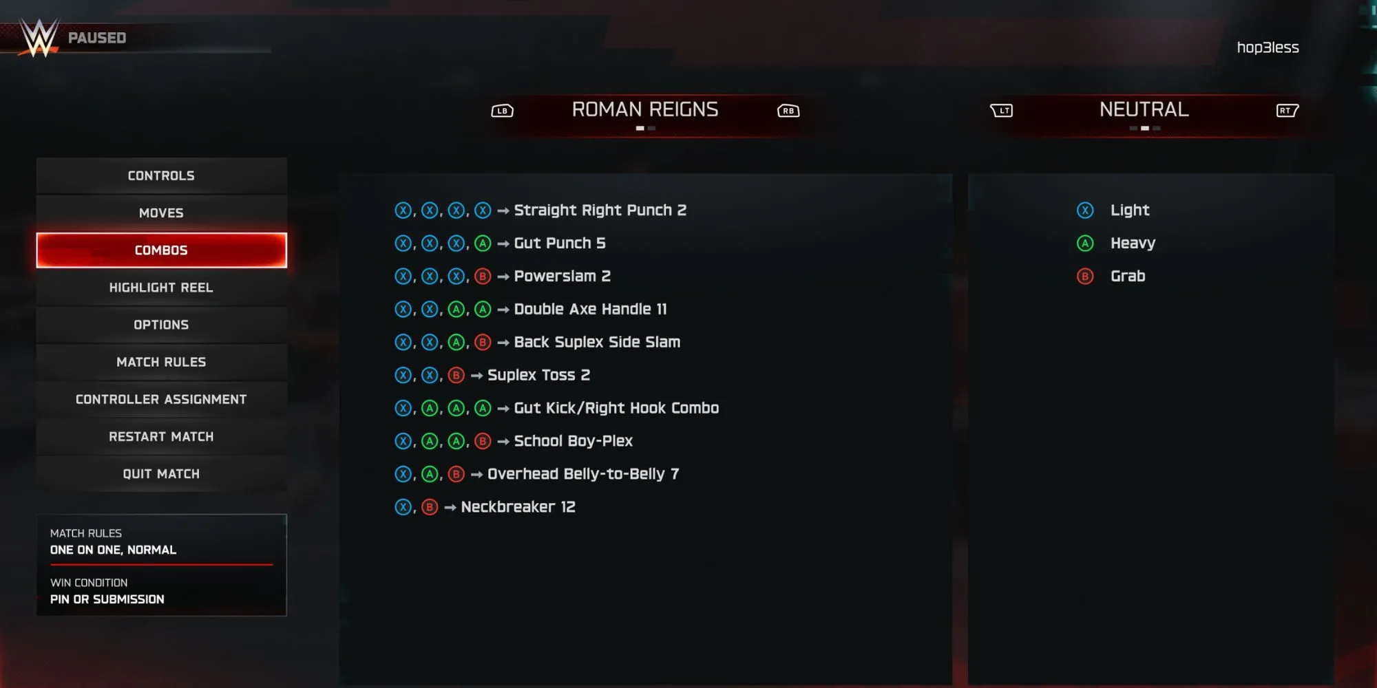 Bảng combo của Roman Reigns trong game WWE 2K25 với các chuỗi đòn nhẹ, nặng và vật.