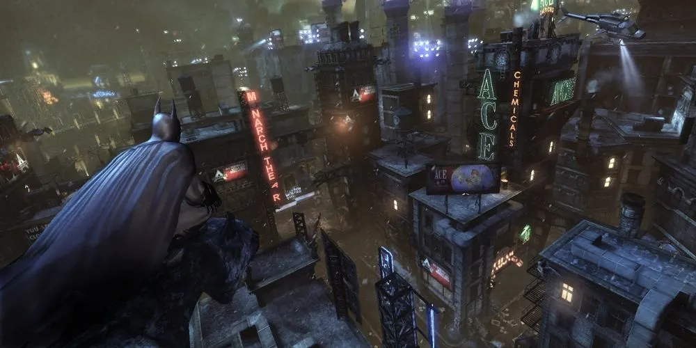 Batman quan sát thành phố Arkham City từ trên cao trong game hành động lén lút.
