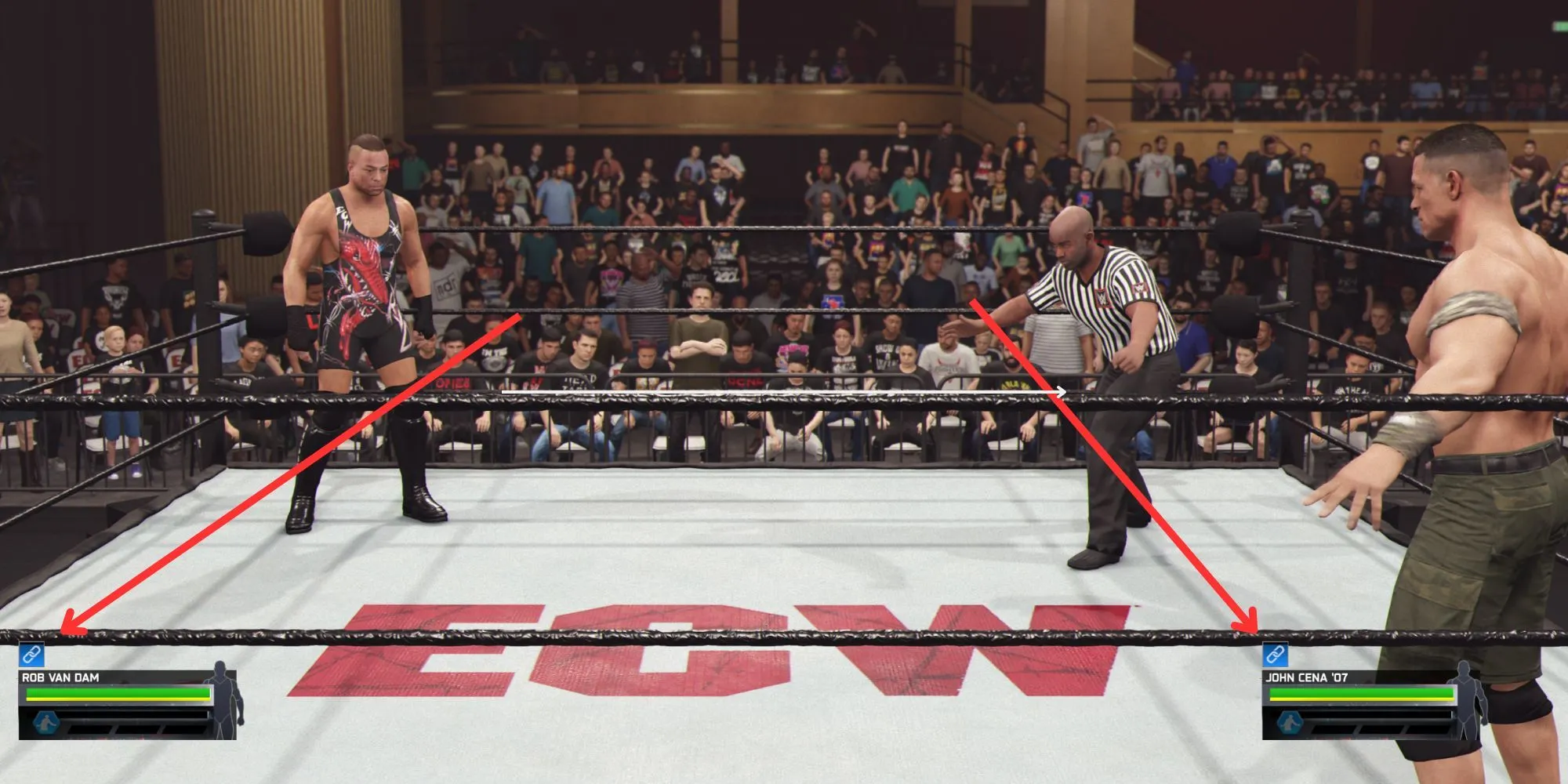 Biểu tượng Chain Wrestling xuất hiện trên tên võ sĩ ở đầu trận WWE 2K25