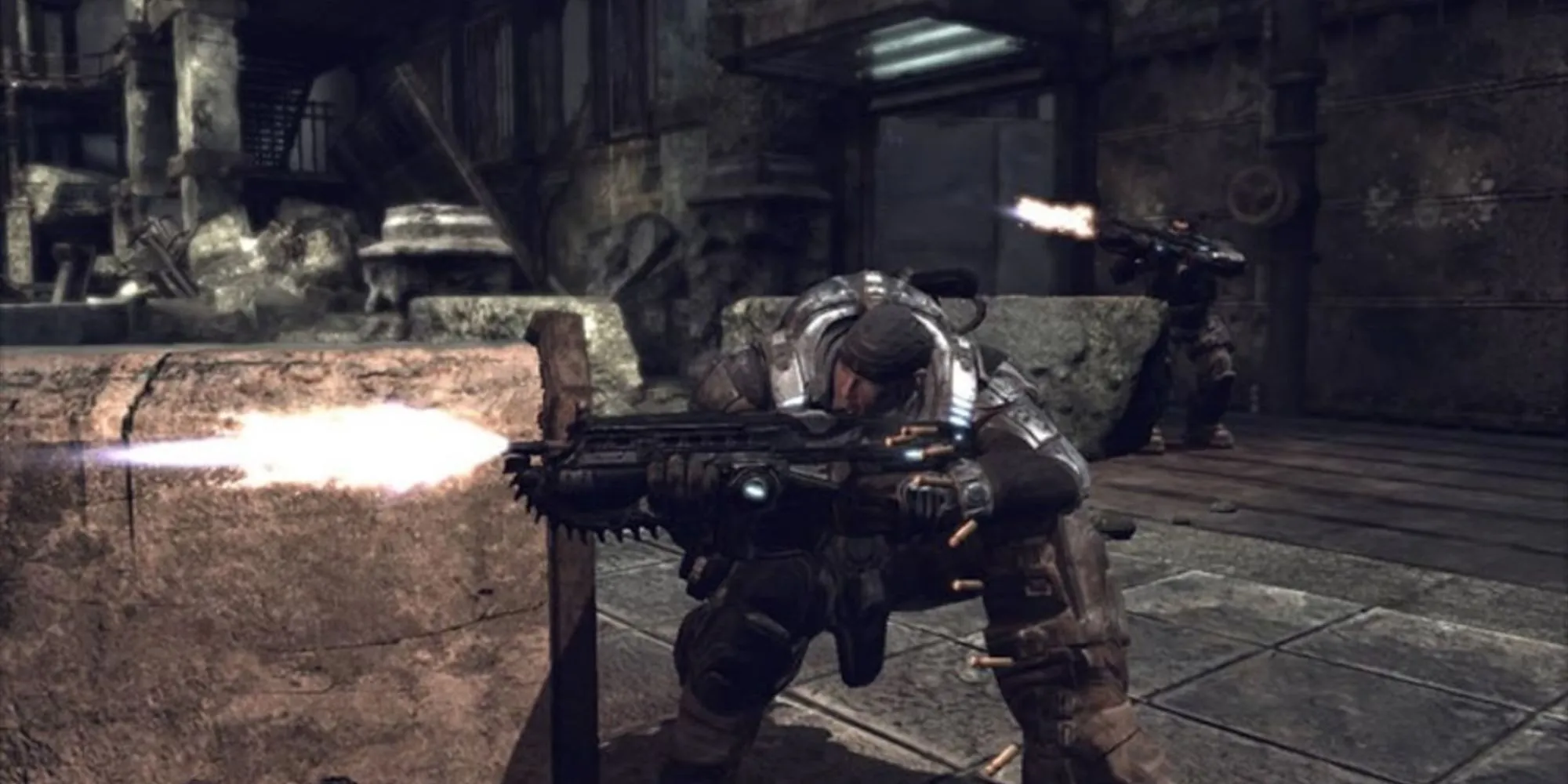 Biểu tượng và nhân vật từ game Gears of War 1 (2006), tựa game định hình thể loại bắn súng góc nhìn thứ ba có cơ chế ẩn nấp.