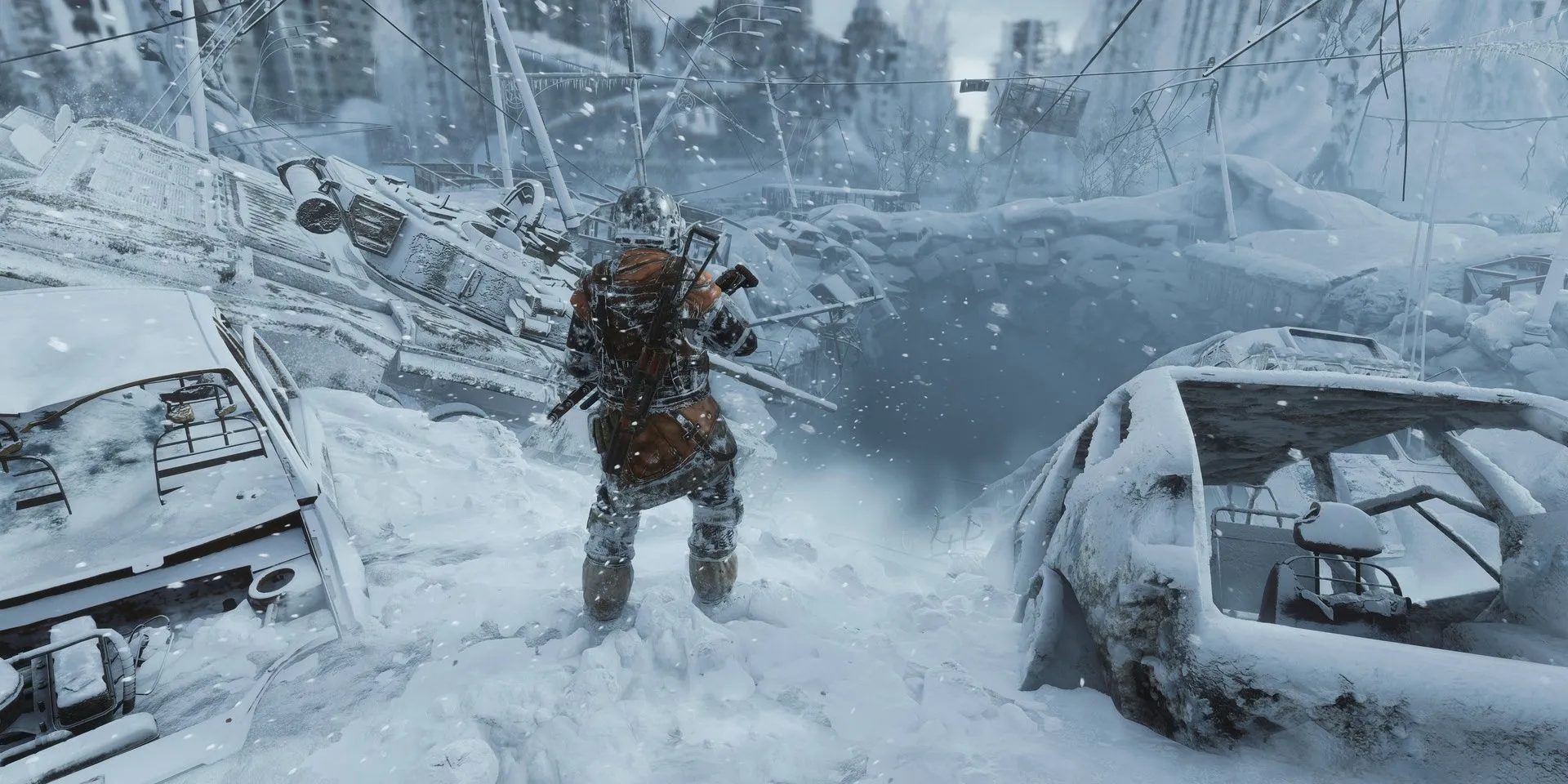 Bối cảnh mùa đông trong một bản đồ bán mở của Metro Exodus.