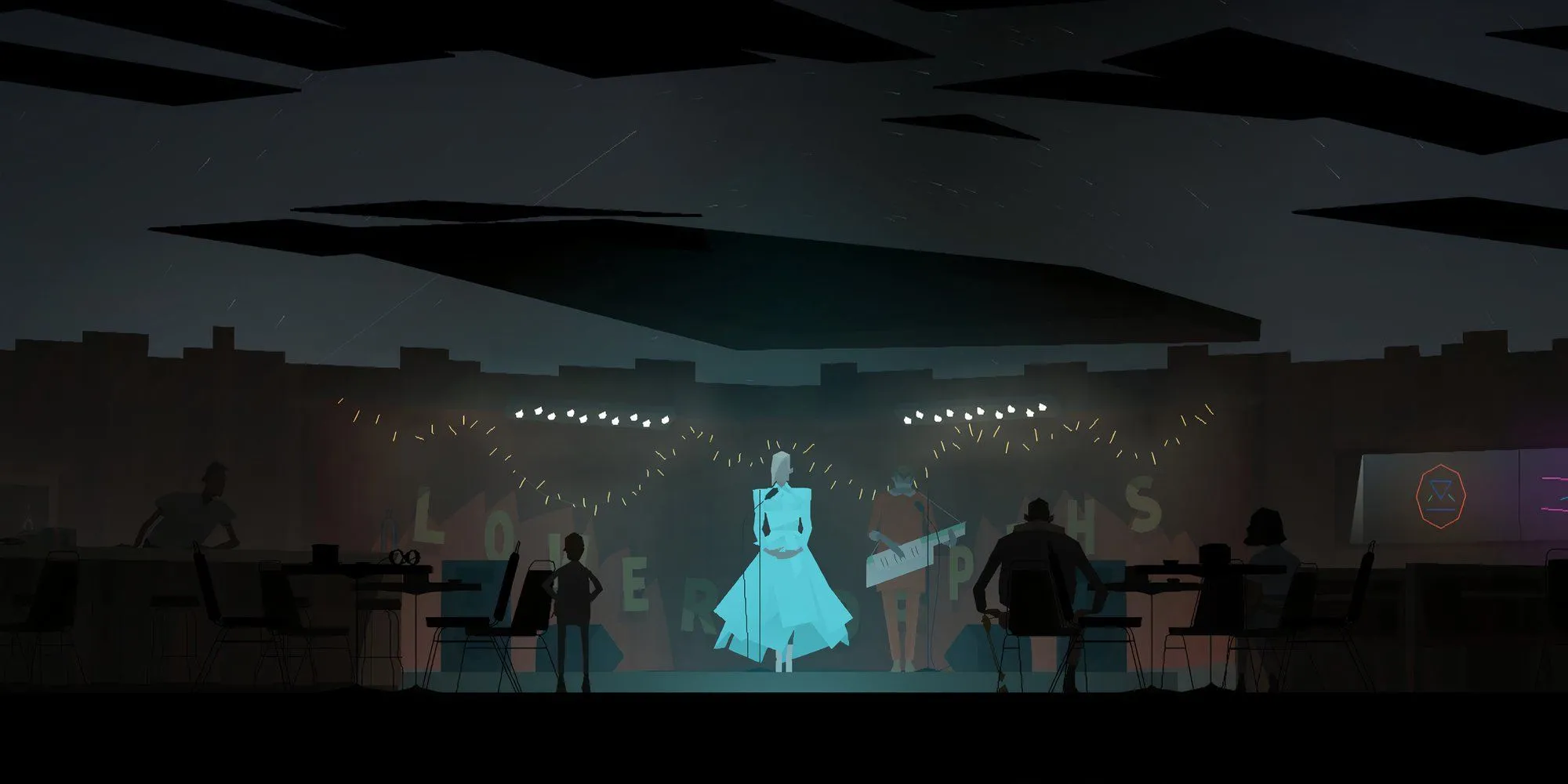 Bối cảnh siêu thực trong Kentucky Route Zero với người phụ nữ hát trên sân khấu trước khán giả kỳ lạ