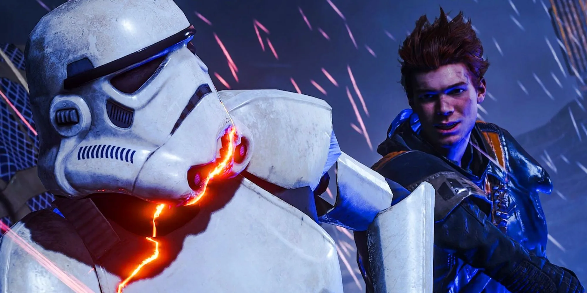 Cal Kestis trong Star Wars Jedi: Fallen Order đối đầu với một Stormtrooper, thể hiện kỹ năng dùng Lightsaber.
