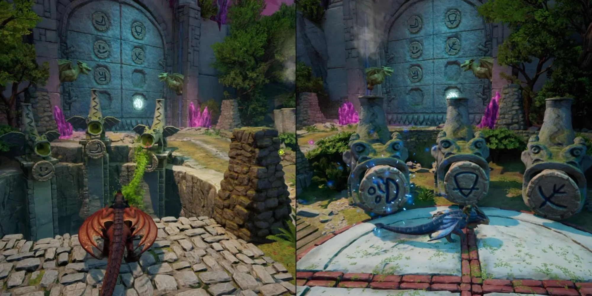 Cận cảnh cánh cửa đá với các biểu tượng cần kích hoạt để giải đố trong game Split Fiction.