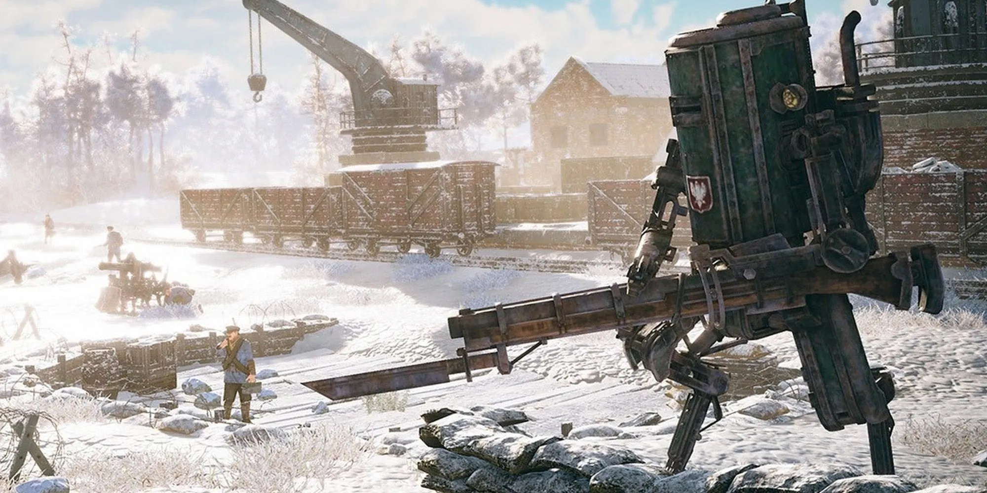 Cận cảnh một mech chiến đấu trong game Iron Harvest, thể hiện bối cảnh Thế chiến 1 steampunk