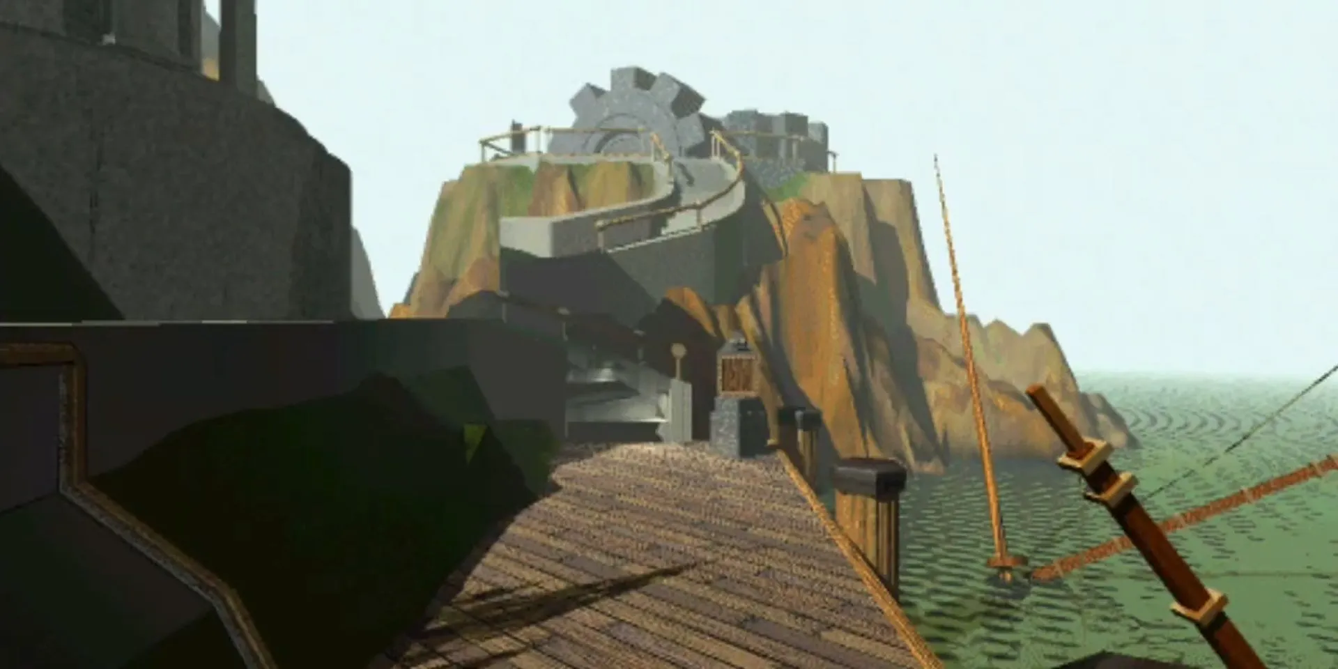 Cảnh cầu tàu dẫn vào hòn đảo bí ẩn trong game Myst