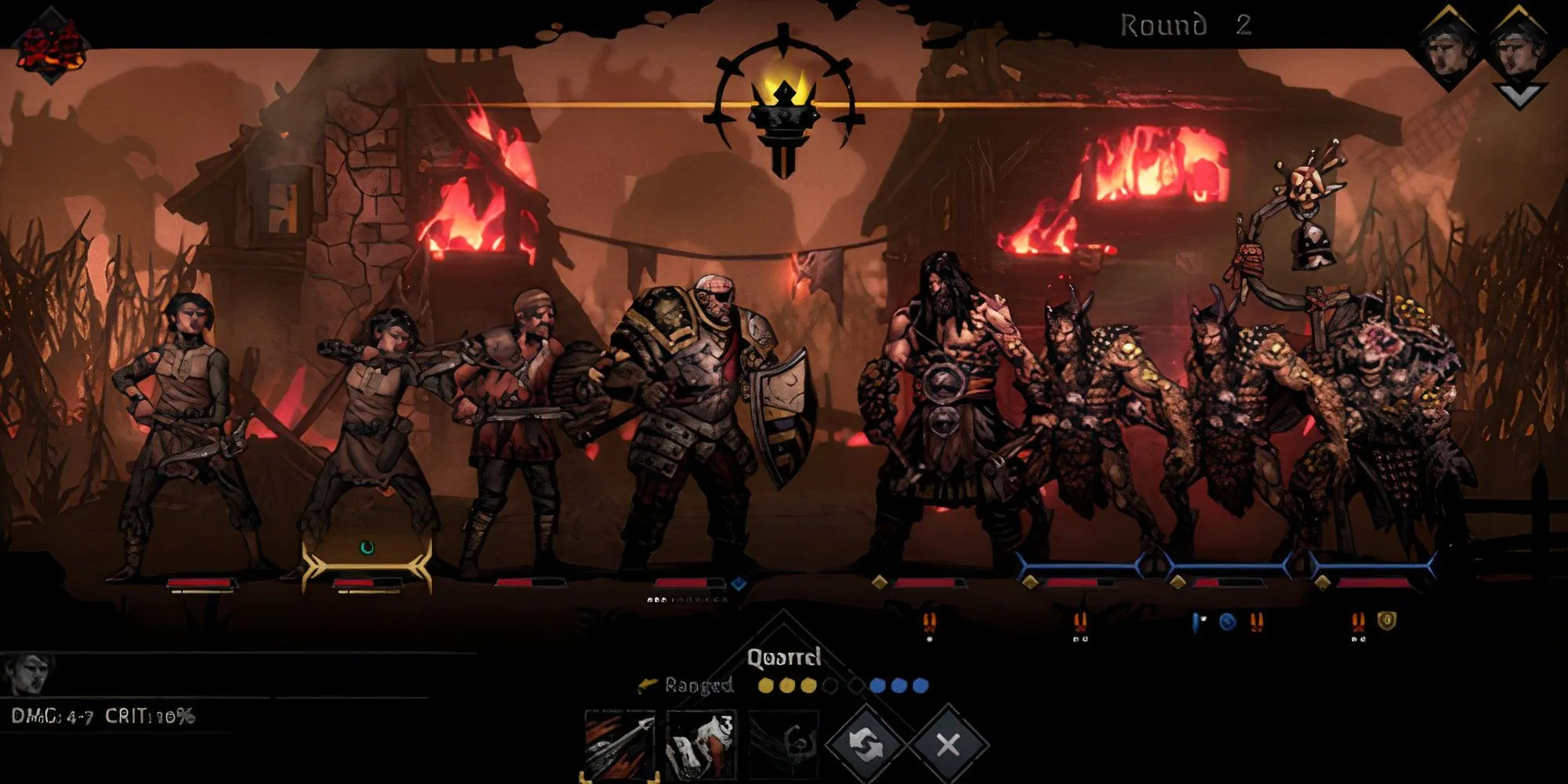 Cảnh chiến đấu căng thẳng trong Darkest Dungeon 2, nơi các anh hùng đối mặt với quái vật và áp lực tâm lý