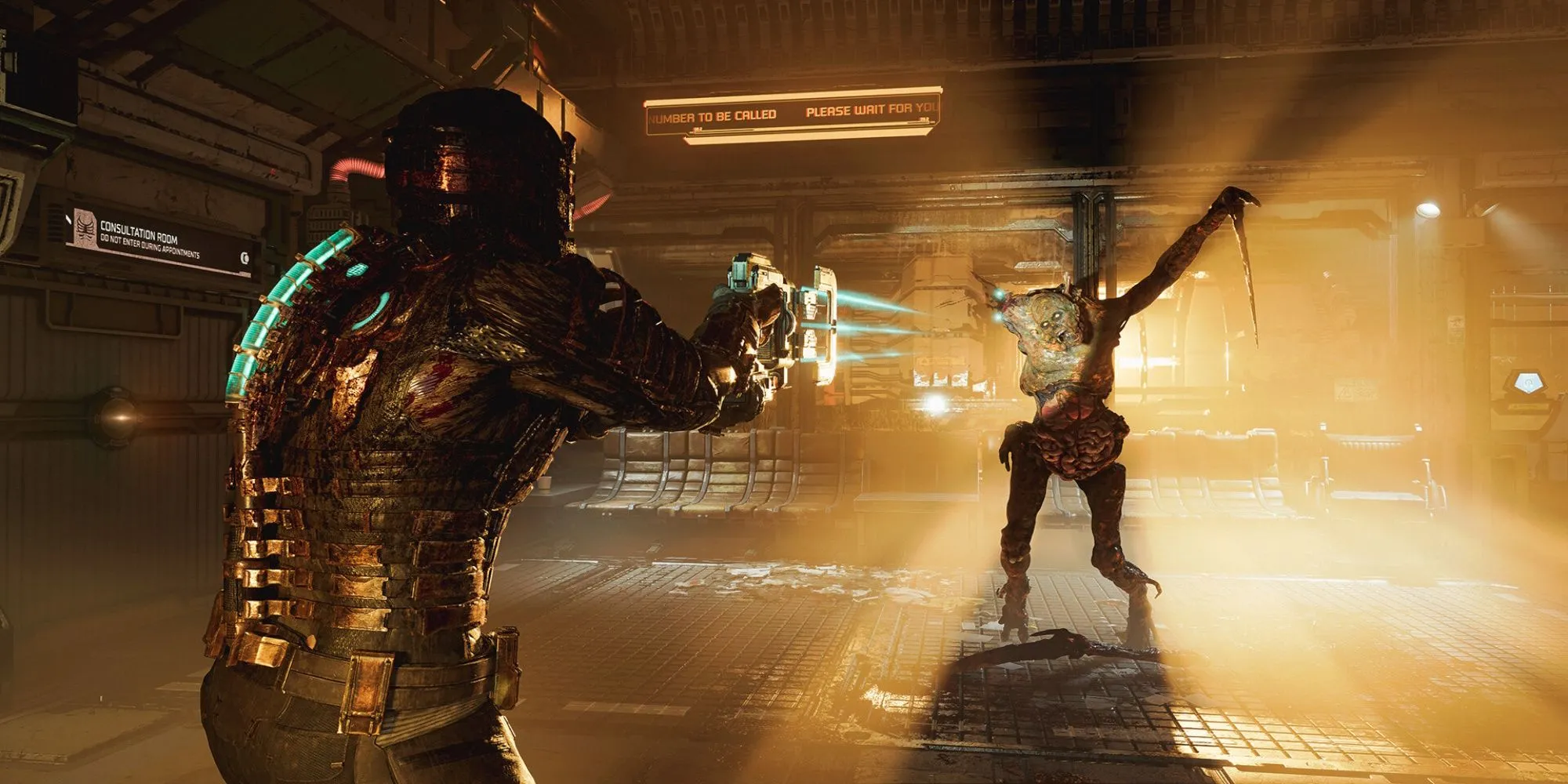 Cảnh chiến đấu căng thẳng trong Dead Space Remake với đồ họa tân tiến và hiệu ứng ánh sáng ấn tượng