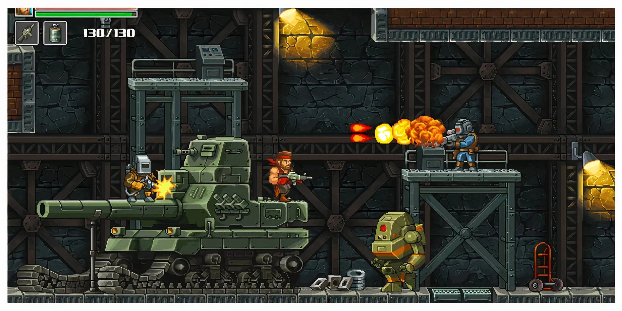 Cảnh chiến đấu đầy hành động trong game run and gun Guns of Fury