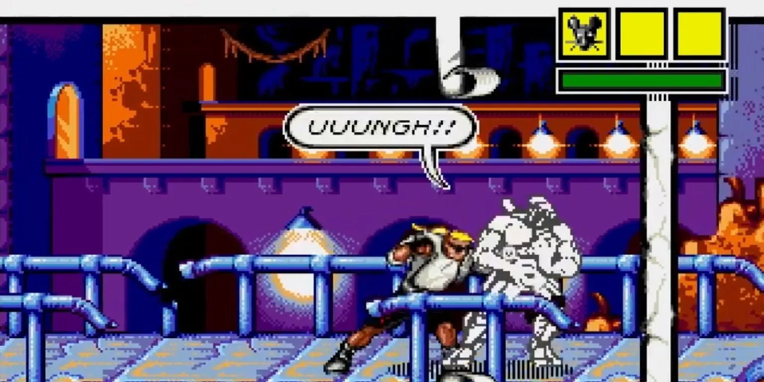 Cảnh chiến đấu trong Comix Zone, game đưa người chơi vào thế giới bảng truyện tranh