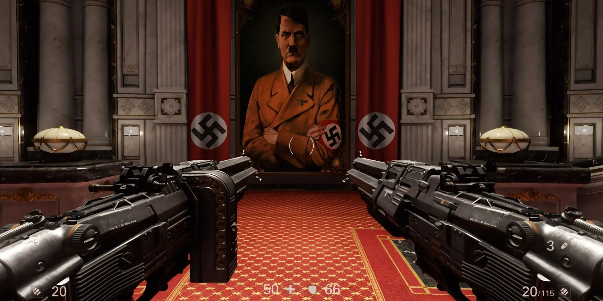 Cảnh chiến đấu trong game bắn súng FPS Wolfenstein: The New Colossus (2017) của MachineGames