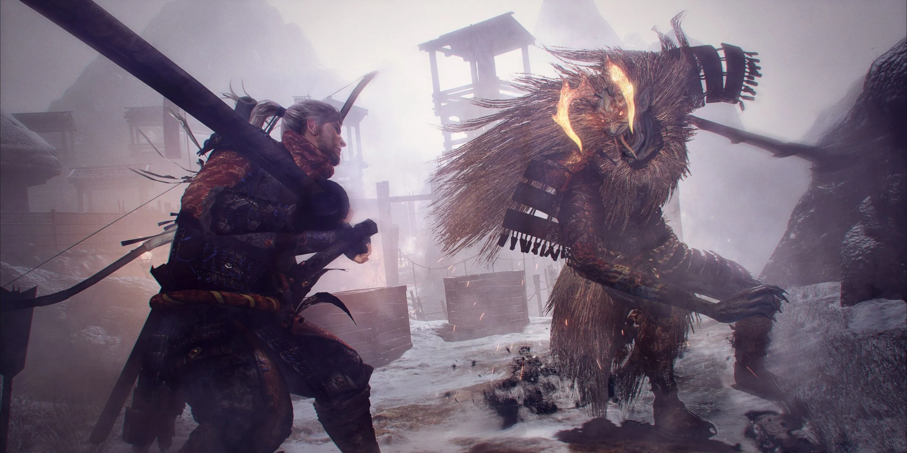 Cảnh chiến đấu trong Nioh Remastered với nhân vật chính và kẻ thù trong môi trường Nhật Bản cổ