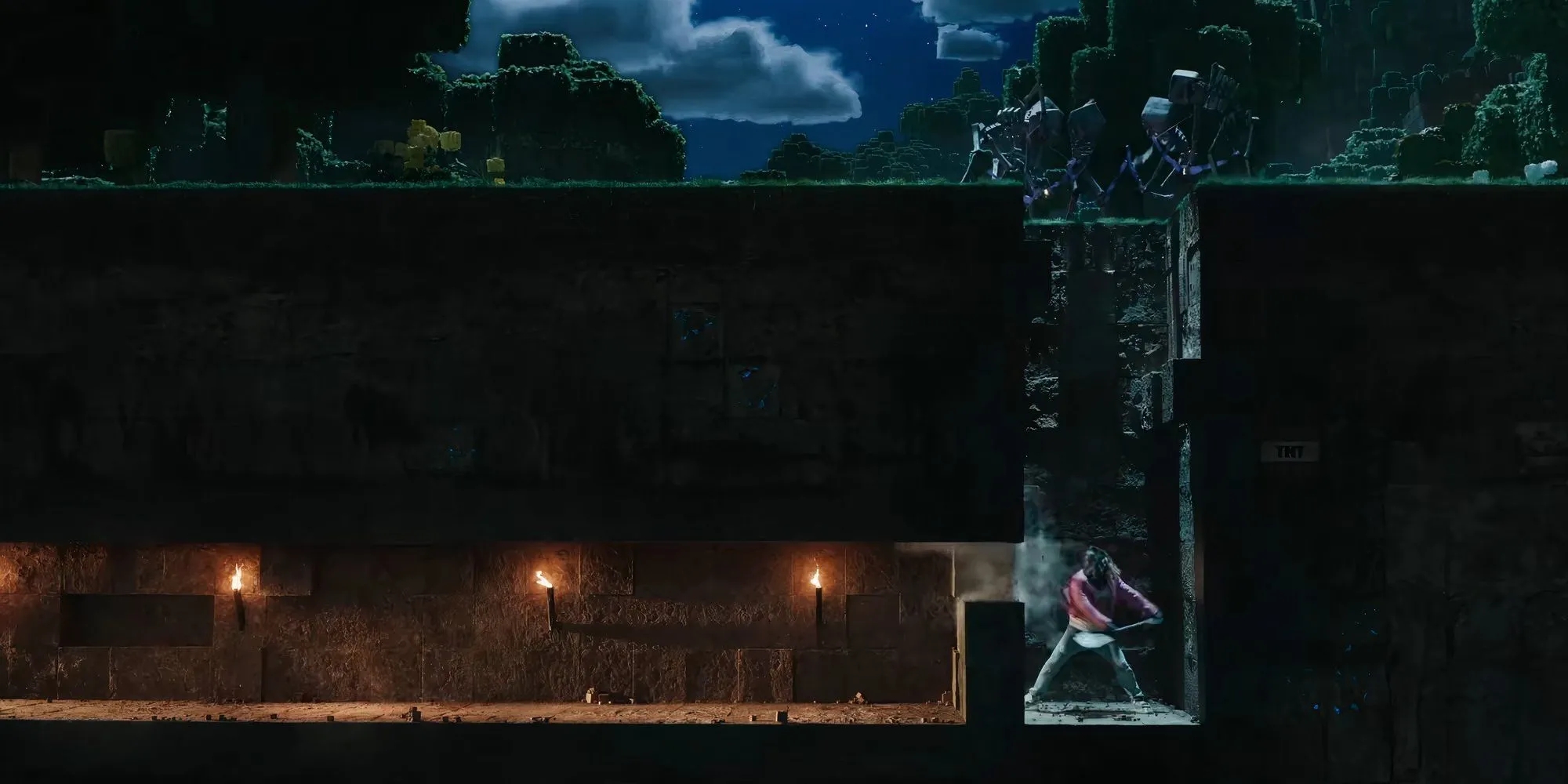 Cảnh đào khoáng sản trong A Minecraft Movie, một hoạt động quen thuộc.