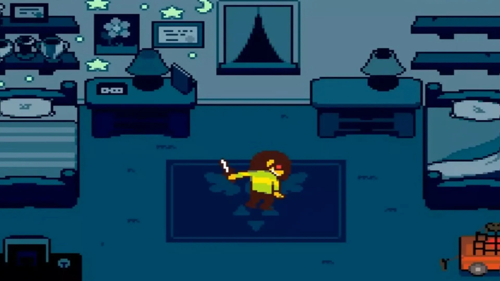 Cảnh kết thúc Chapter 1 của Deltarune với Kris