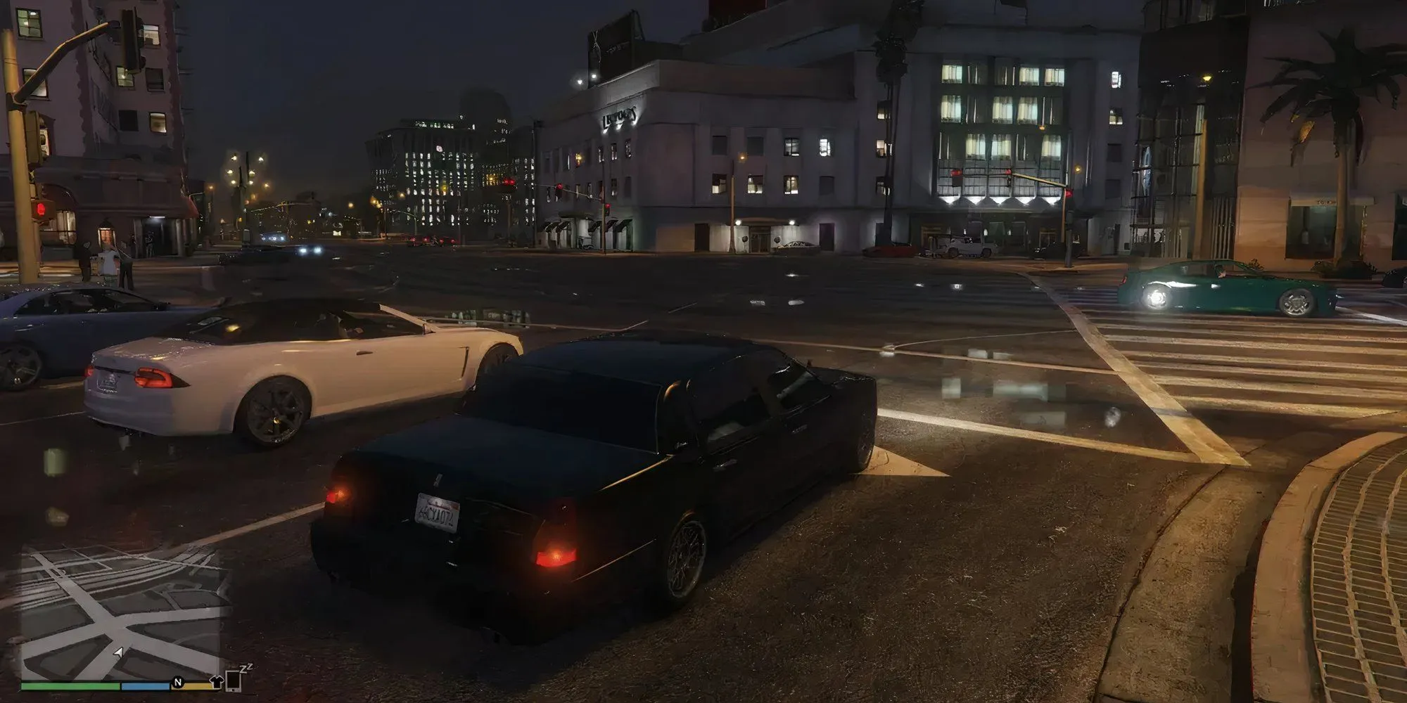 Cảnh một chiếc xe chạy trên đường phố Los Santos trong GTA 5, thể hiện sự phổ biến của phương tiện cá nhân trong game và đời thực.