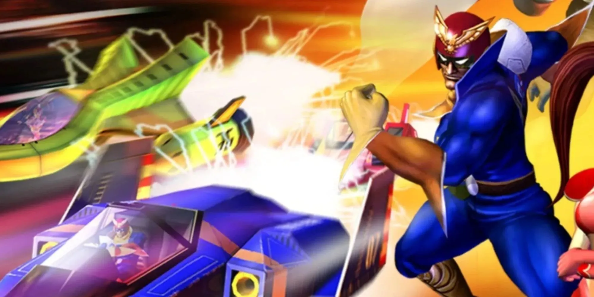 Captain Falcon bên cạnh chiếc phi thuyền Blue Falcon trong game đua xe F-Zero