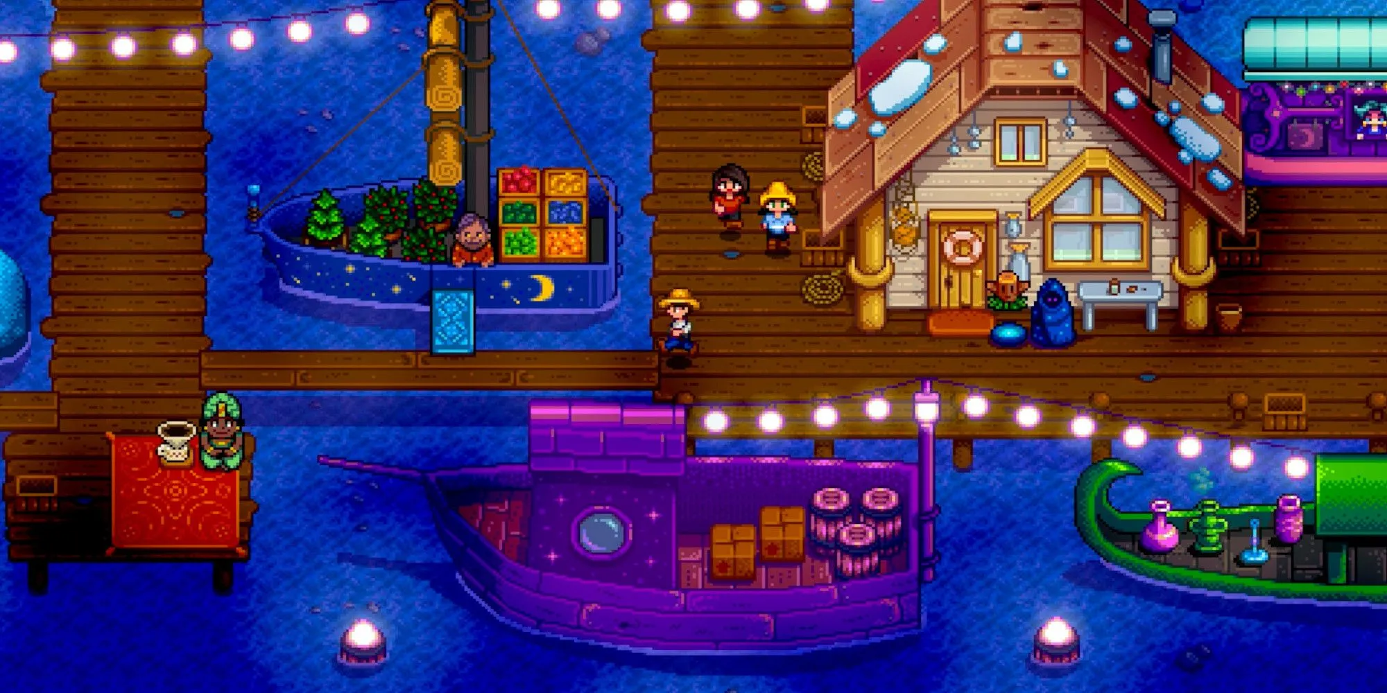 Chợ đêm trong Stardew Valley với thuyền bè và các gian hàng trên mặt nước