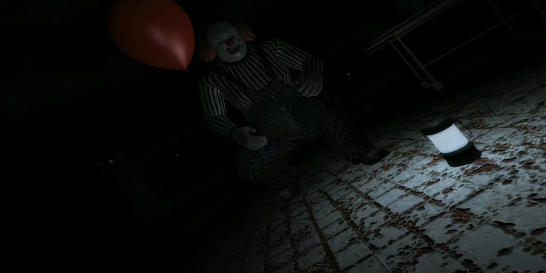 Chú hề đáng sợ cầm bóng bay đỏ trong gameplay Fear of Clowns