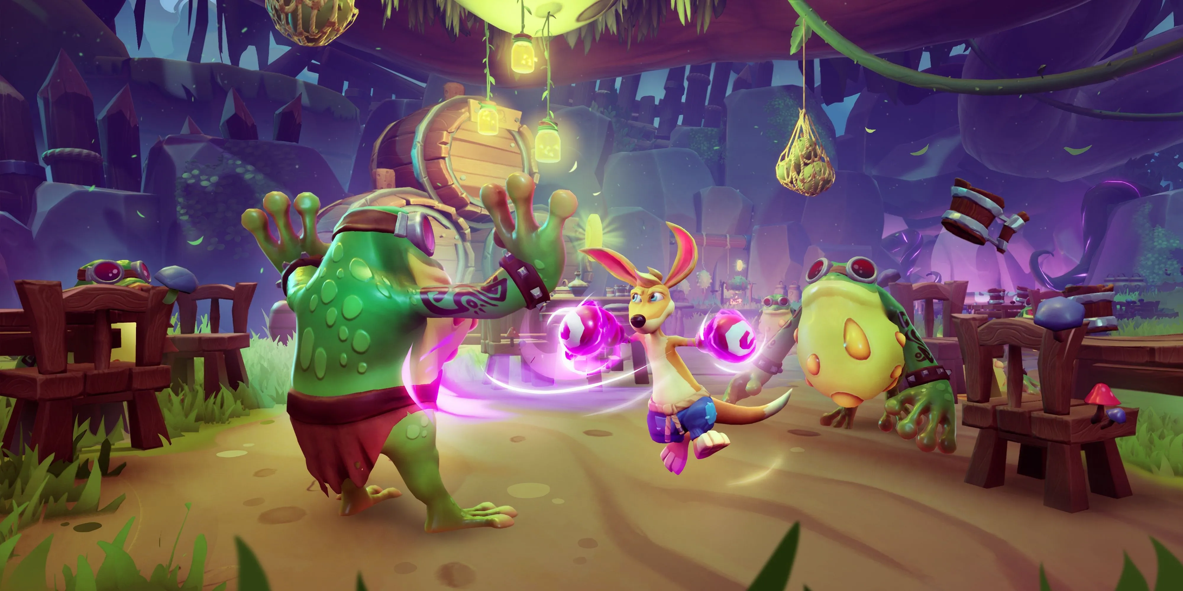 Chuột túi Kao chiến đấu với kẻ địch ếch trong game platformer Kao the Kangaroo 2022
