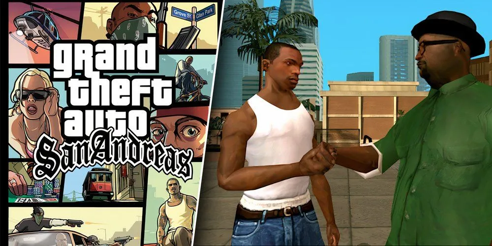 CJ lái xe trên đường phố Los Santos trong GTA San Andreas trên PS2