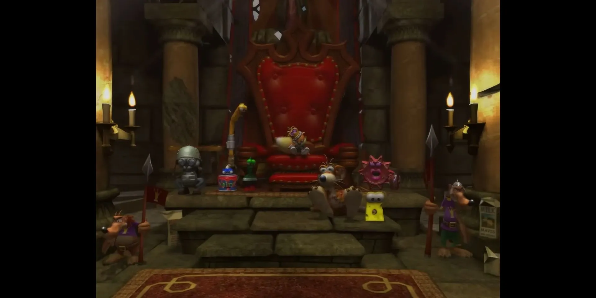 Conker ngồi trên ngai vàng với vẻ mặt cáu kỉnh trong Conker's Bad Fur Day