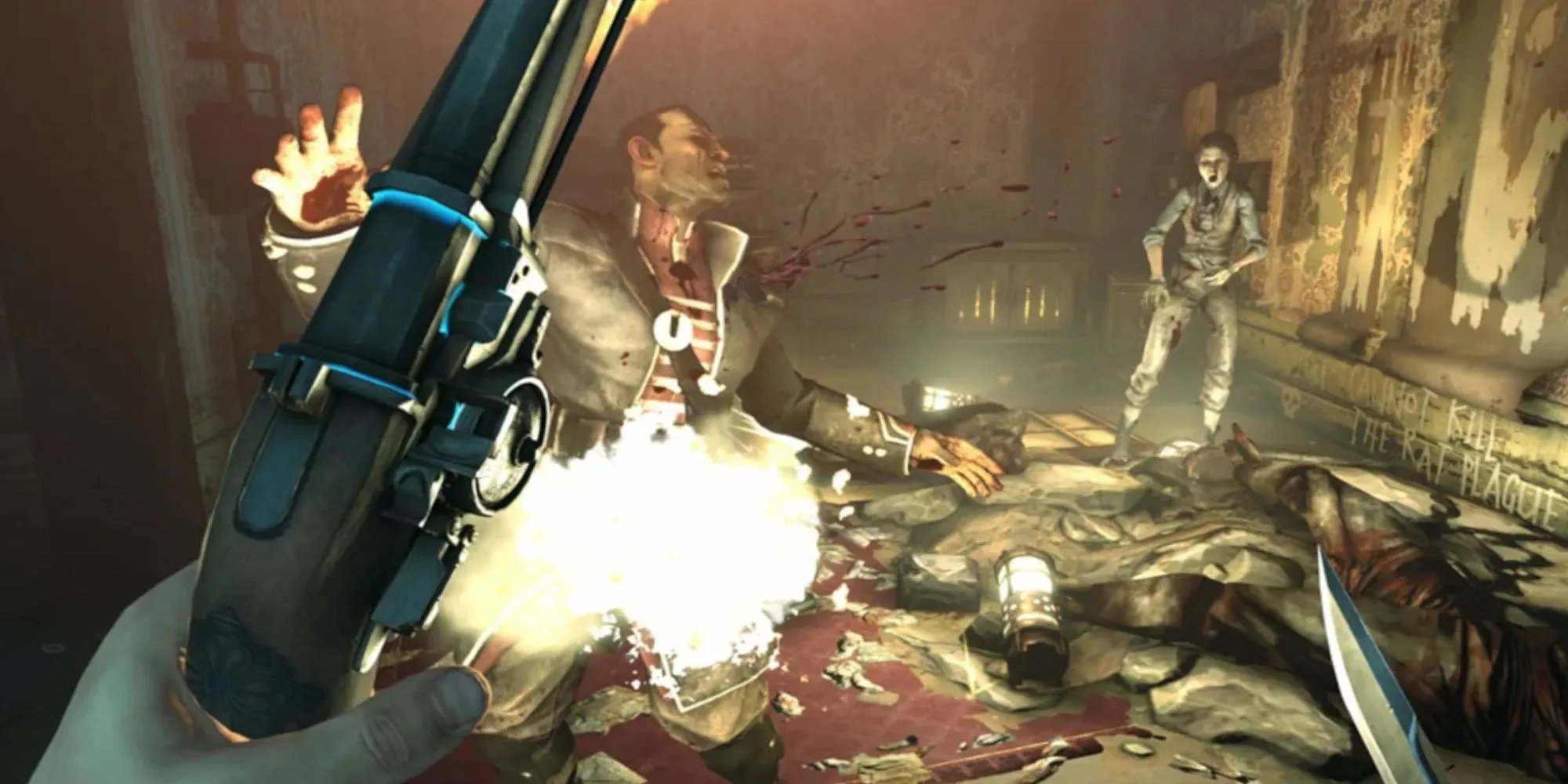 Corvo Attano nhìn xuống thành phố Dunwall trong Dishonored