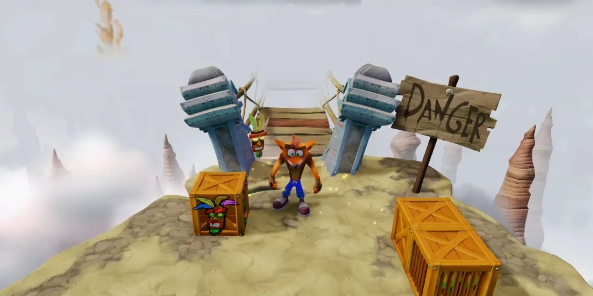 Crash Bandicoot vượt chướng ngại vật trên màn chơi Road To Nowhere trong N. Sane Trilogy